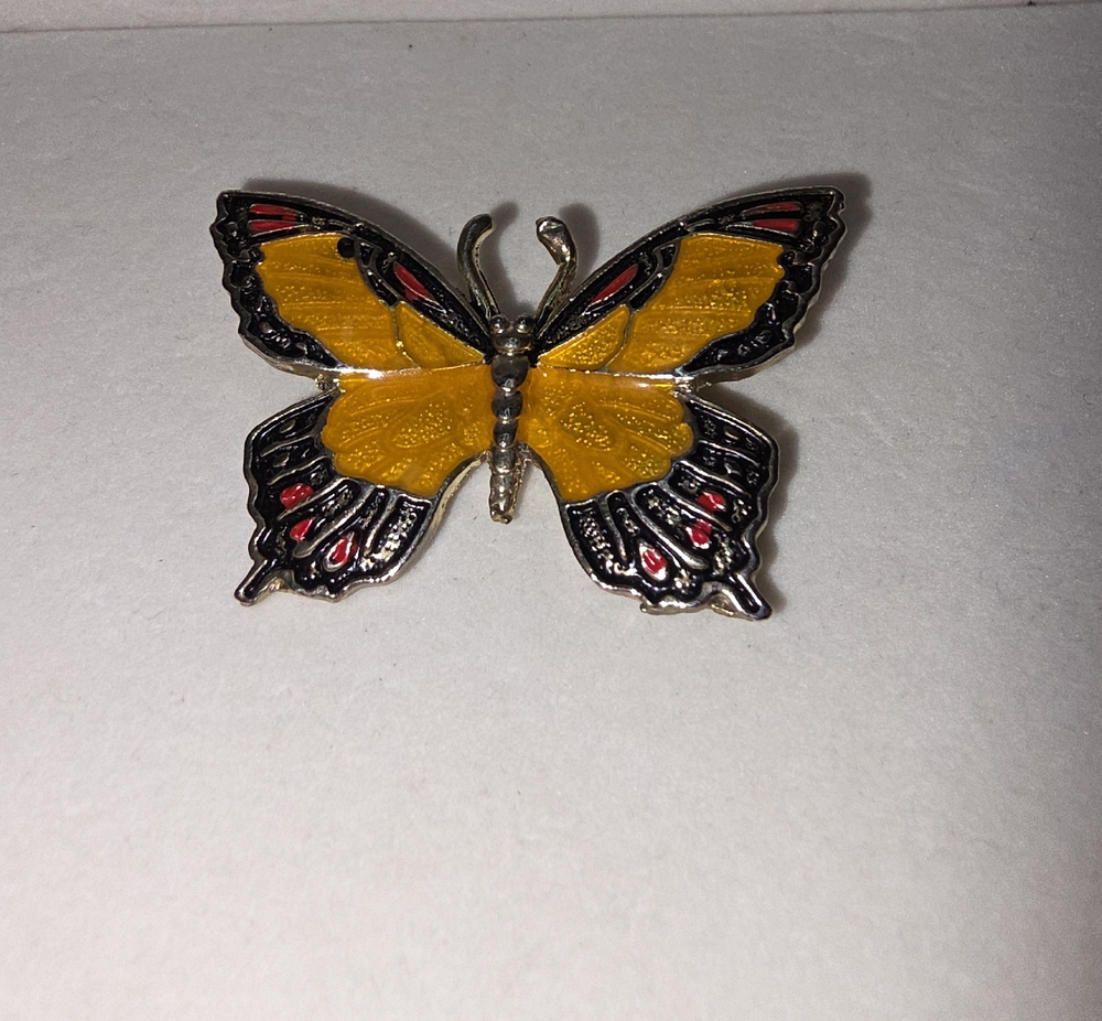 Yellow and Black Butterfly Pin Brooch with Red Accents